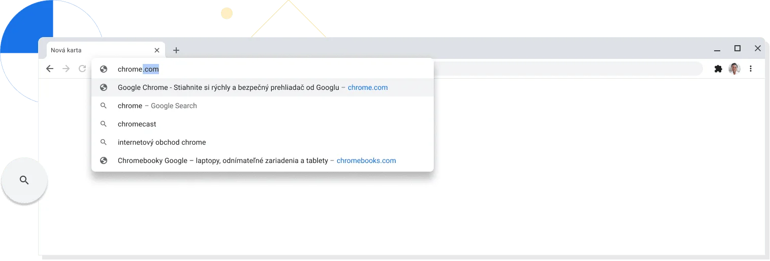 Priblížené zobrazenie novej karty v okne prehliadača Chrome s výrazom chrome.com zadaným v paneli s adresou.