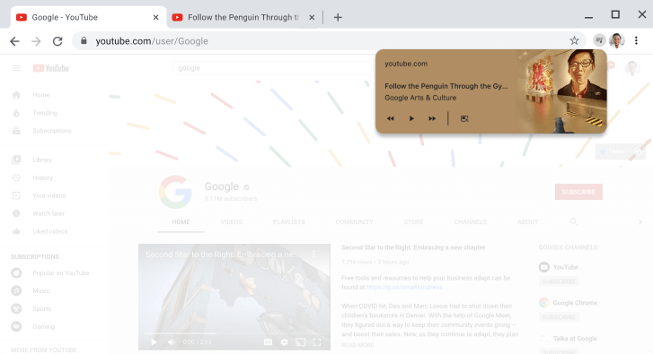 Okno prehliadača Chrome zobrazujúce dialógové okno ovládania médií.