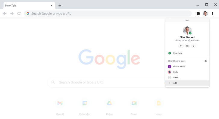 Prehliadač Chrome zobrazujúci dialógové okno prepínača profilov.