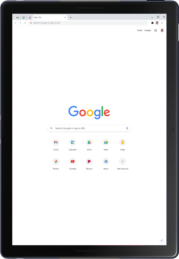 Tablet Pixel Slate v zobrazení na výšku s domovskou stránkou Google.