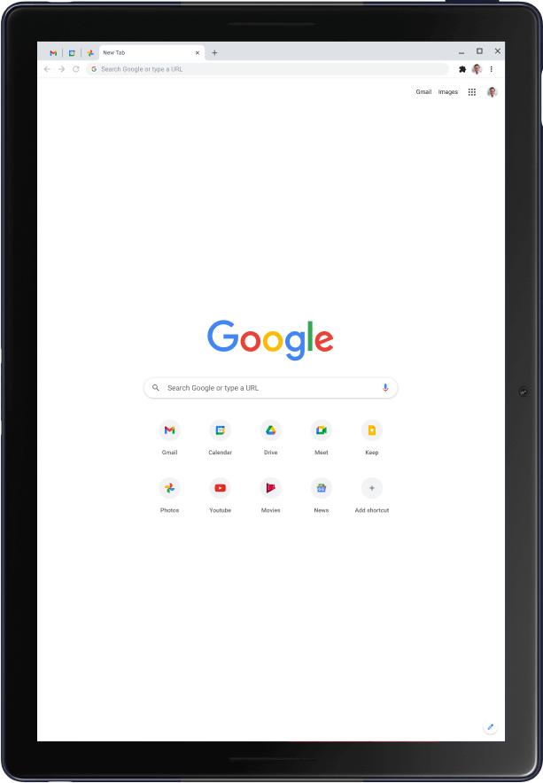 Tablet Pixel Slate v zobrazení na výšku s domovskou stránkou Google.
