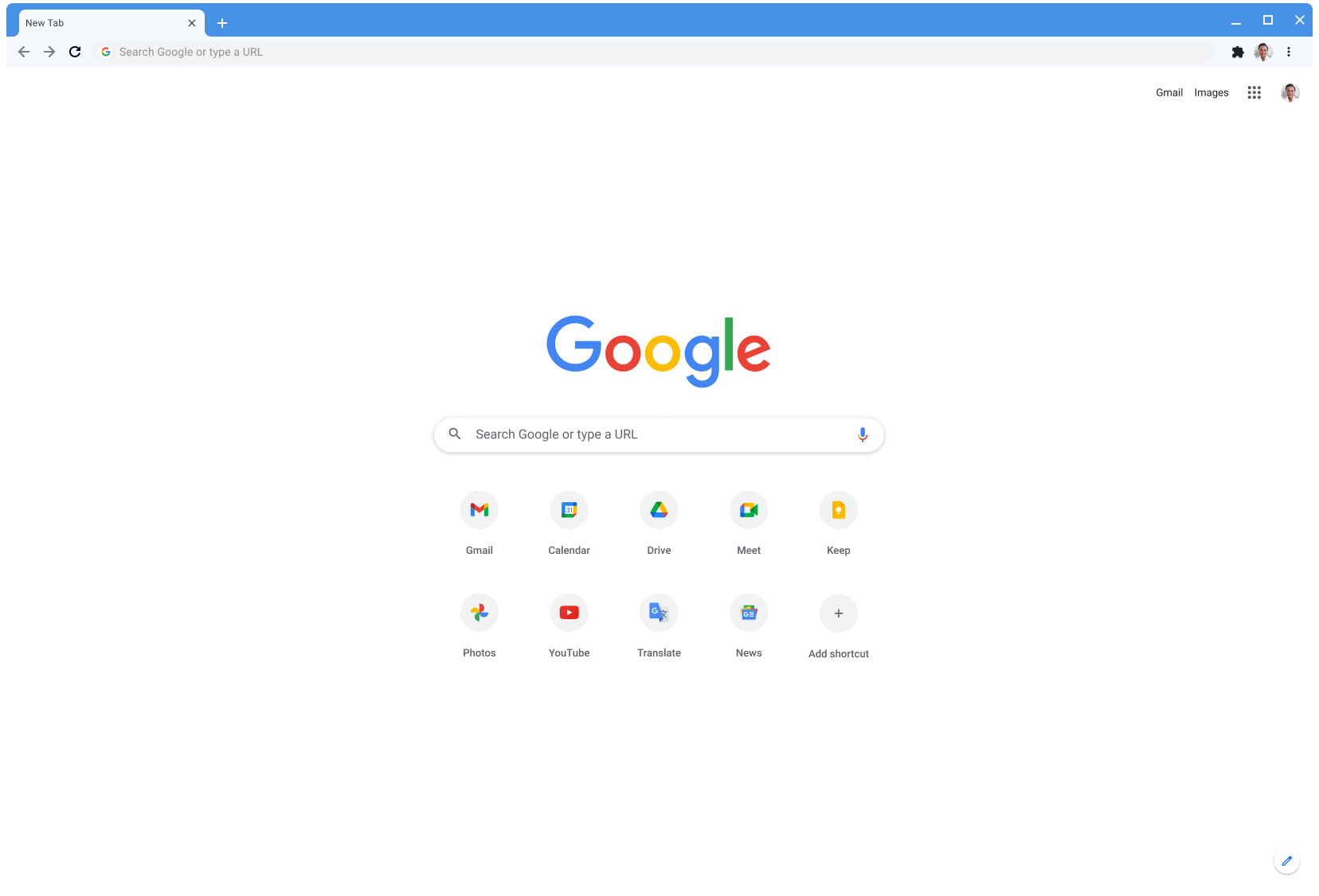 Okno prehliadača Chrome s klasickým motívom zobrazujúce Google.com.