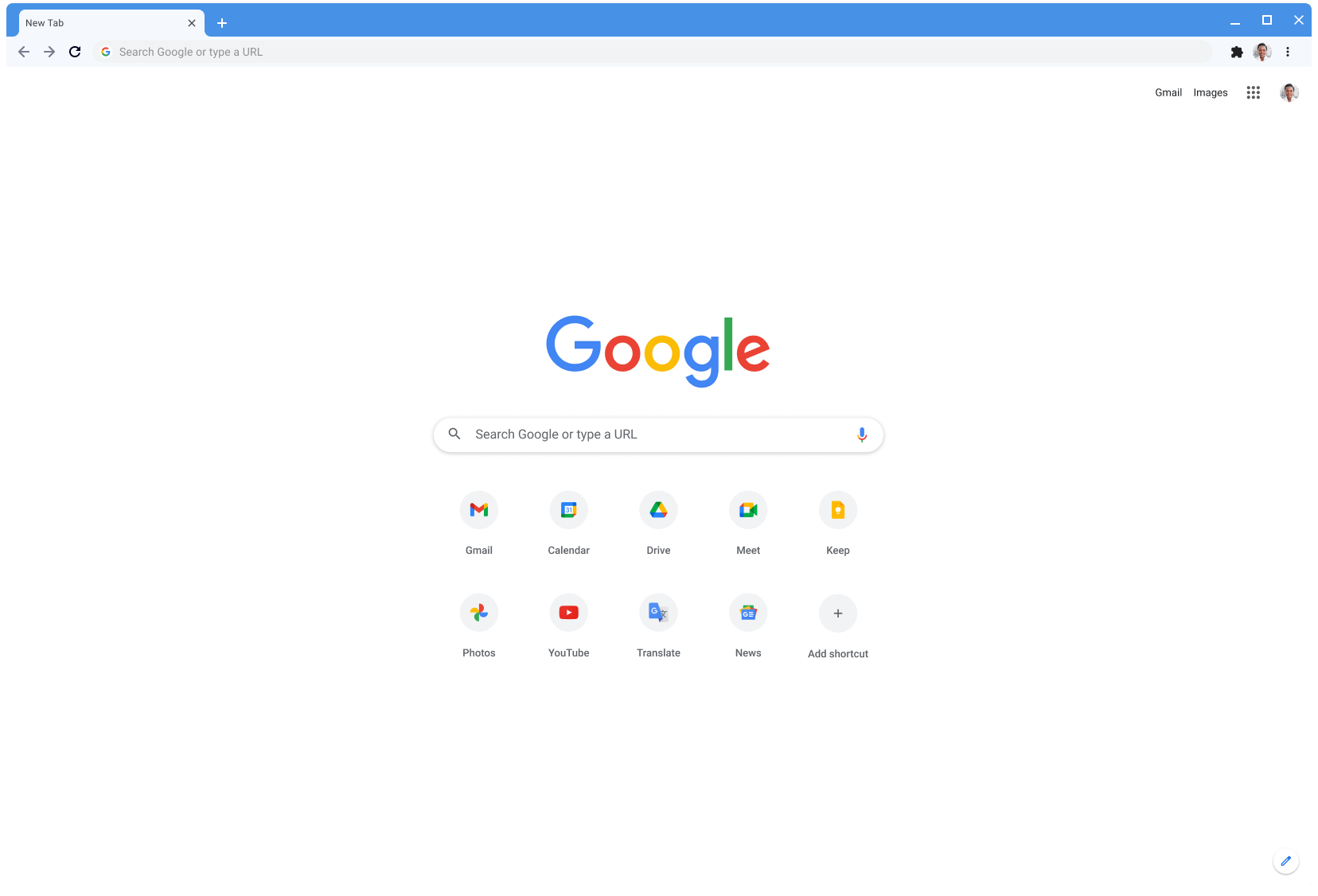 Okno prehliadača Chrome s klasickým motívom zobrazujúce Google.com.