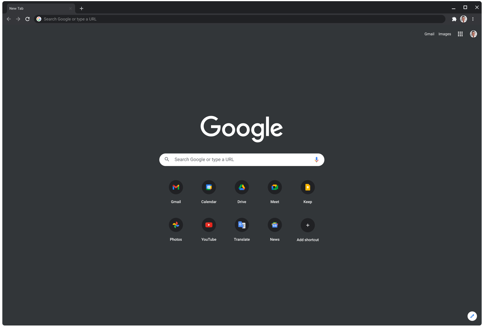 Okno prehliadača Chrome v tmavom režime zobrazujúce Google.com.