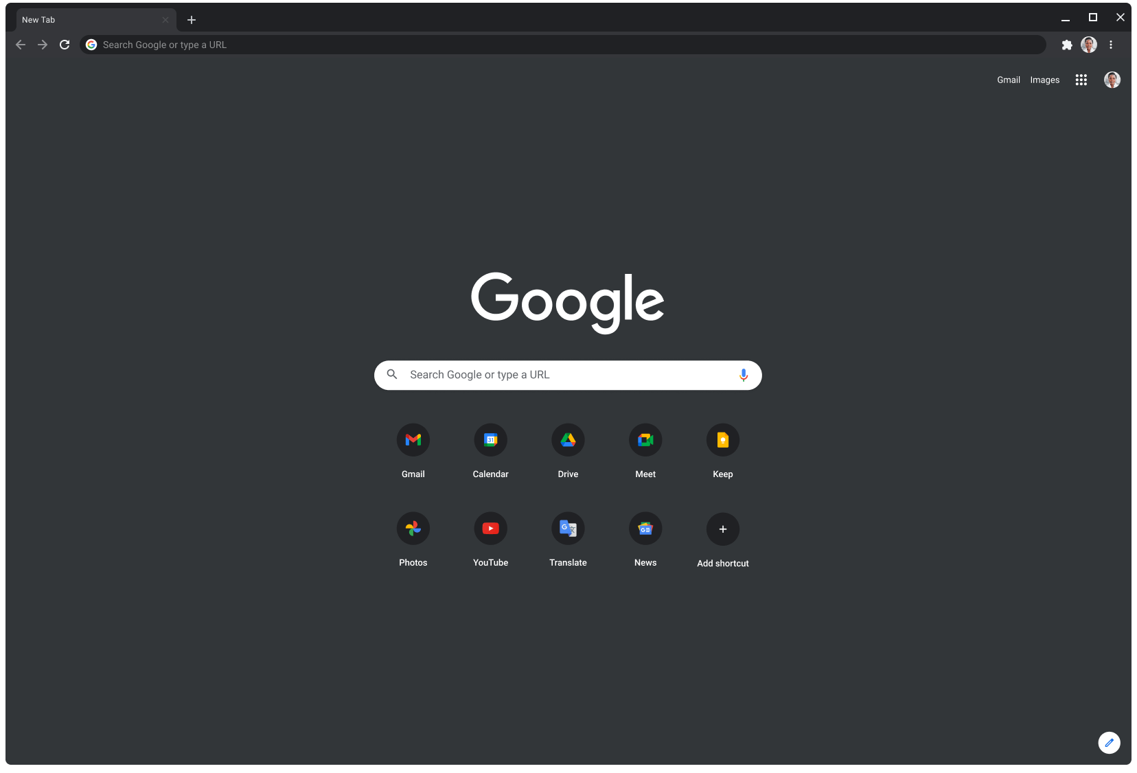 Okno prehliadača Chrome v tmavom režime zobrazujúce Google.com.