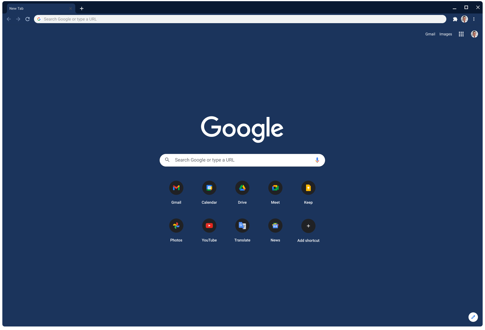 Okno prehliadača Chrome s motívom Slate zobrazujúce Google.com.