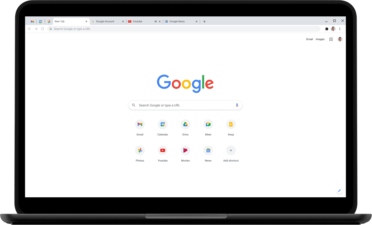 Ľavý horný roh laptopu Pixelbook s obrazovkou zobrazujúcou Google.com.