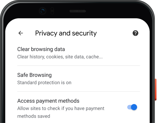Stránka nastavení Ochrana súkromia a zabezpečenie prehliadača Chrome v mobilnom zariadení.