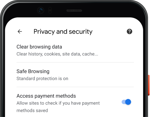 Stránka nastavení Ochrana súkromia a zabezpečenie prehliadača Chrome v mobilnom zariadení.