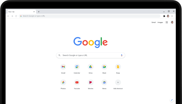 Ľavý horný roh laptopu Pixelbook Go s obrazovkou zobrazujúcou vyhľadávací panel Google.com a obľúbené aplikácie.