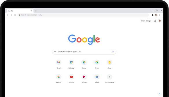 Ľavý horný roh laptopu Pixelbook Go s obrazovkou zobrazujúcou vyhľadávací panel Google.com a obľúbené aplikácie.