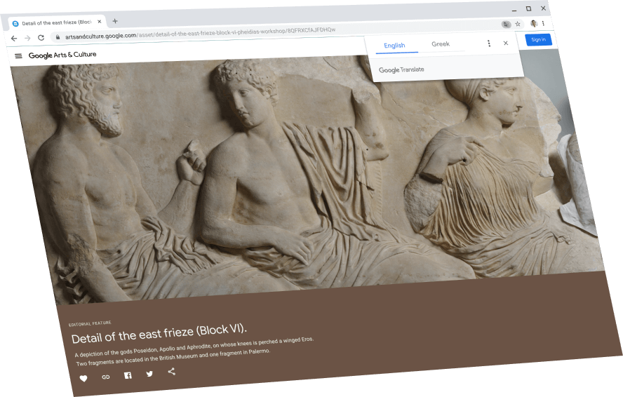 Zobrazuje sa stránka Google Arts & Culture, nad ňou dialógové okno Prekladača Google a preklad do angličtiny.