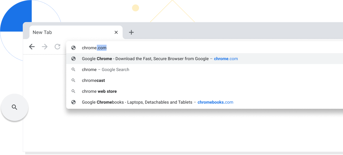 Priblížené zobrazenie novej karty v okne prehliadača Chrome s výrazom chrome.com zadaným v paneli s adresou.