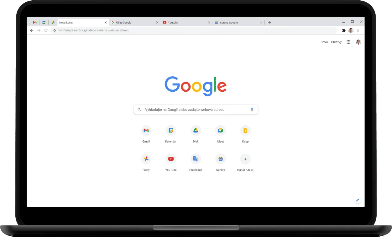 Ľavý horný roh laptopu Pixelbook s obrazovkou zobrazujúcou Google.com.