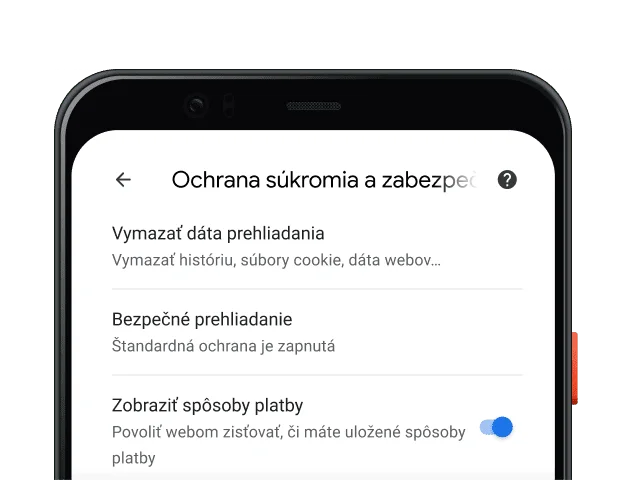 Stránka nastavení Ochrana súkromia a zabezpečenie prehliadača Chrome v mobilnom zariadení.