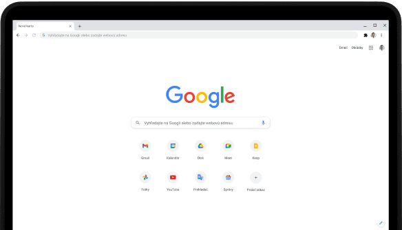 Ľavý horný roh laptopu Pixelbook Go s obrazovkou zobrazujúcou vyhľadávací panel Google.com a obľúbené aplikácie.