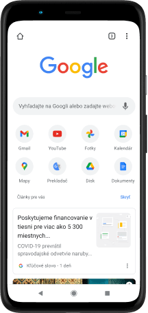 Telefón Pixel 4 XL s obrazovkou zobrazujúcou vyhľadávací panel Google.com, obľúbené aplikácie a navrhované články.