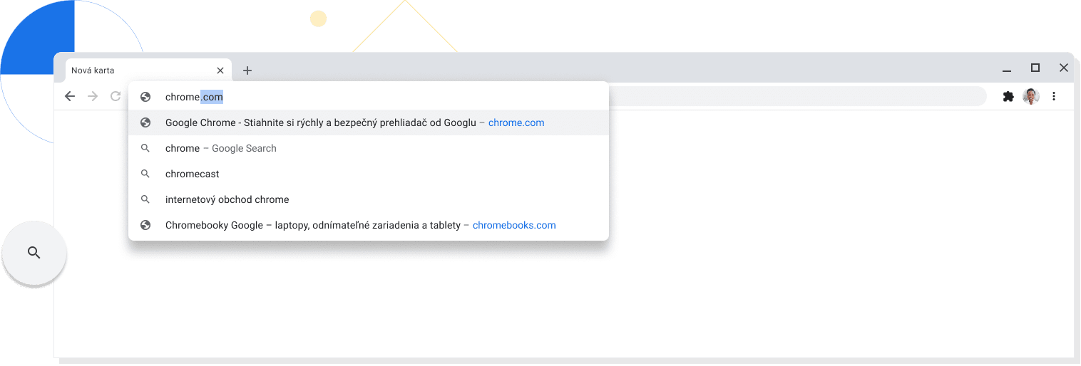 Priblížené zobrazenie novej karty v okne prehliadača Chrome s výrazom chrome.com zadaným v paneli s adresou.