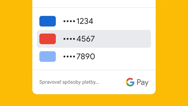 Google Pay zobrazuje z bezpečnostných dôvodov len posledné štyri číslice troch kreditných kariet.