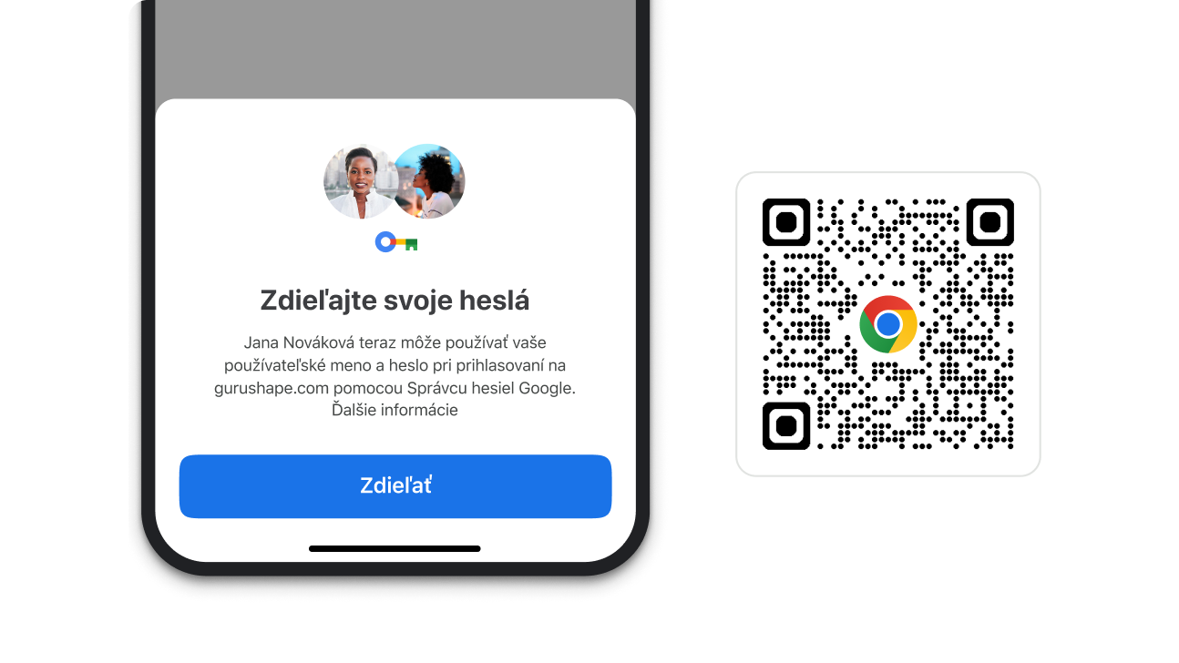 Modul v Chrome, ktorý vám umožňuje zdieľať heslá. Vedľa neho je QR kód, pomocou ktorého stiahnete Chrome.