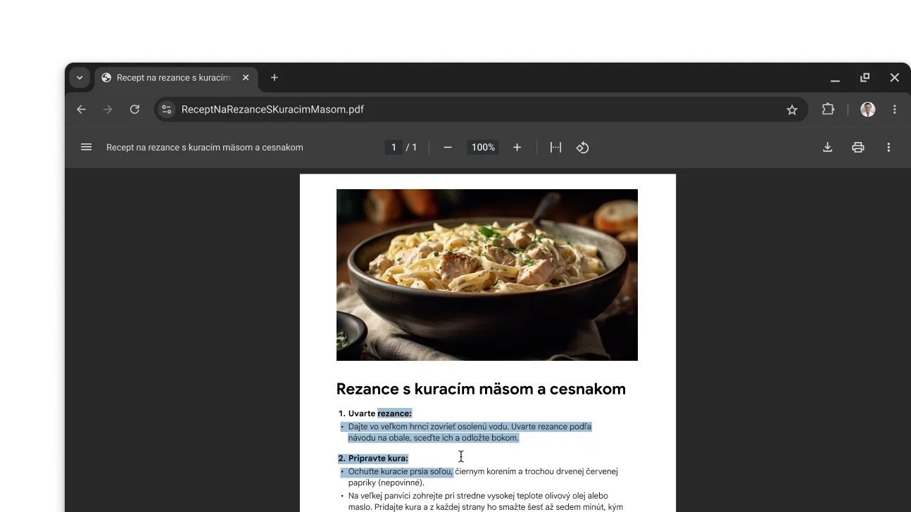 V okne prehliadača Chrome je otvorený súbor PDF s receptom. Používateľ vybral text v súbore PDF.