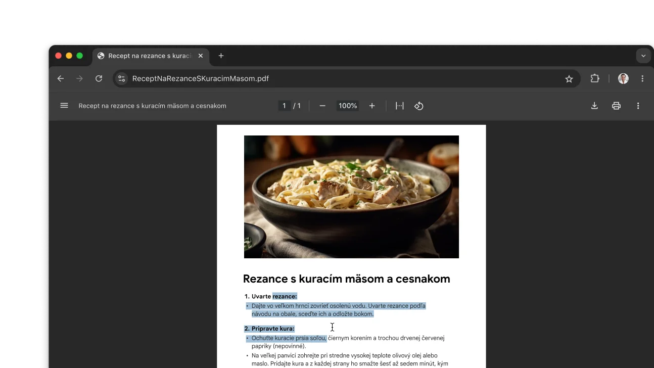 V okne prehliadača Chrome je otvorený súbor PDF s receptom. Používateľ vybral text v súbore PDF.