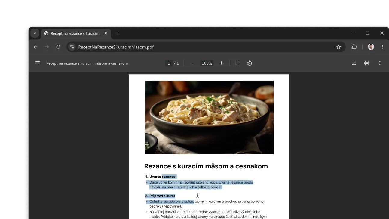 V okne prehliadača Chrome je otvorený súbor PDF s receptom. Používateľ vybral text v súbore PDF.