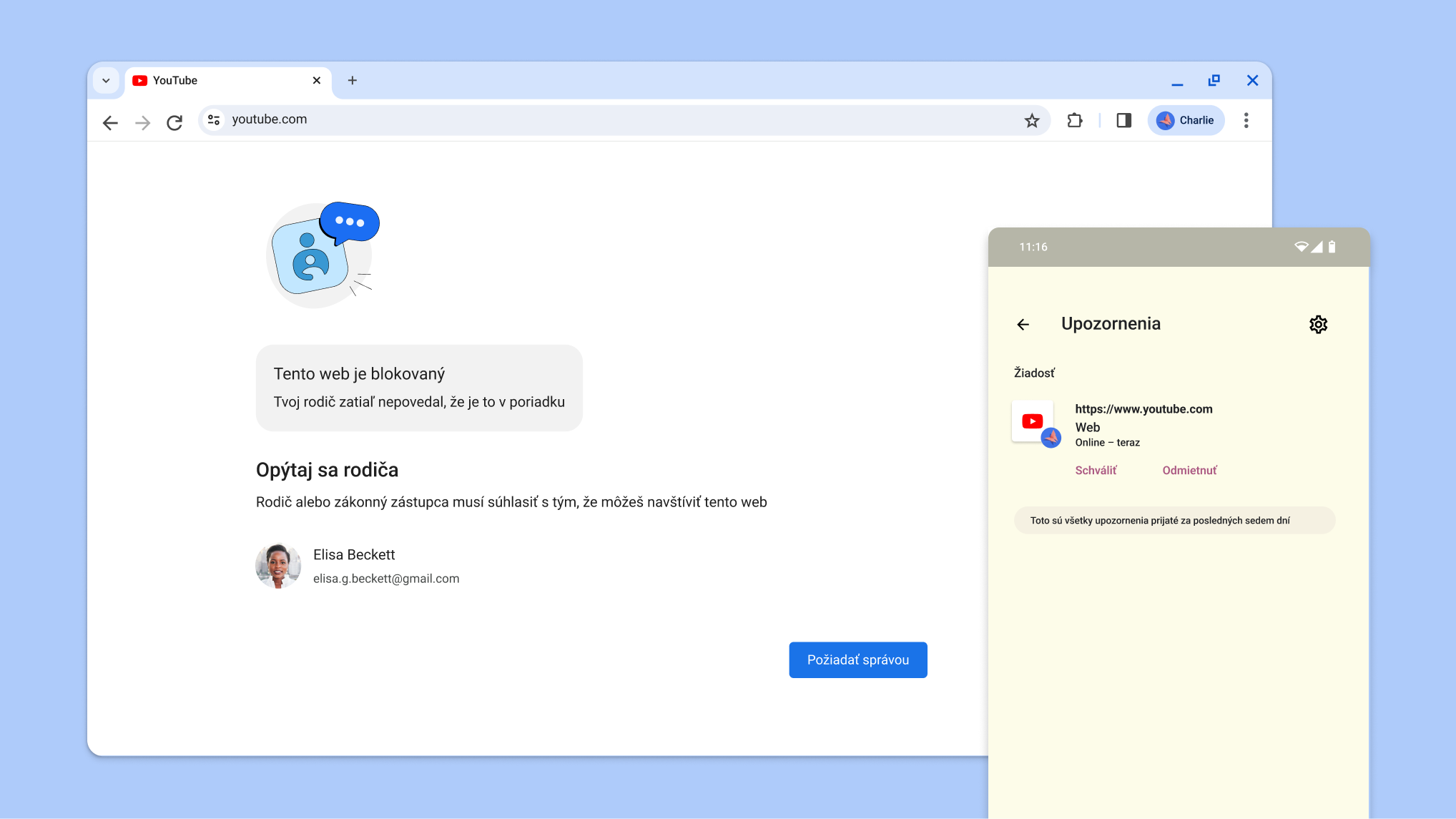 Web blokovaný rodičovskou kontrolou a upozornenie z aplikácie Family Link na schválenie prístupu