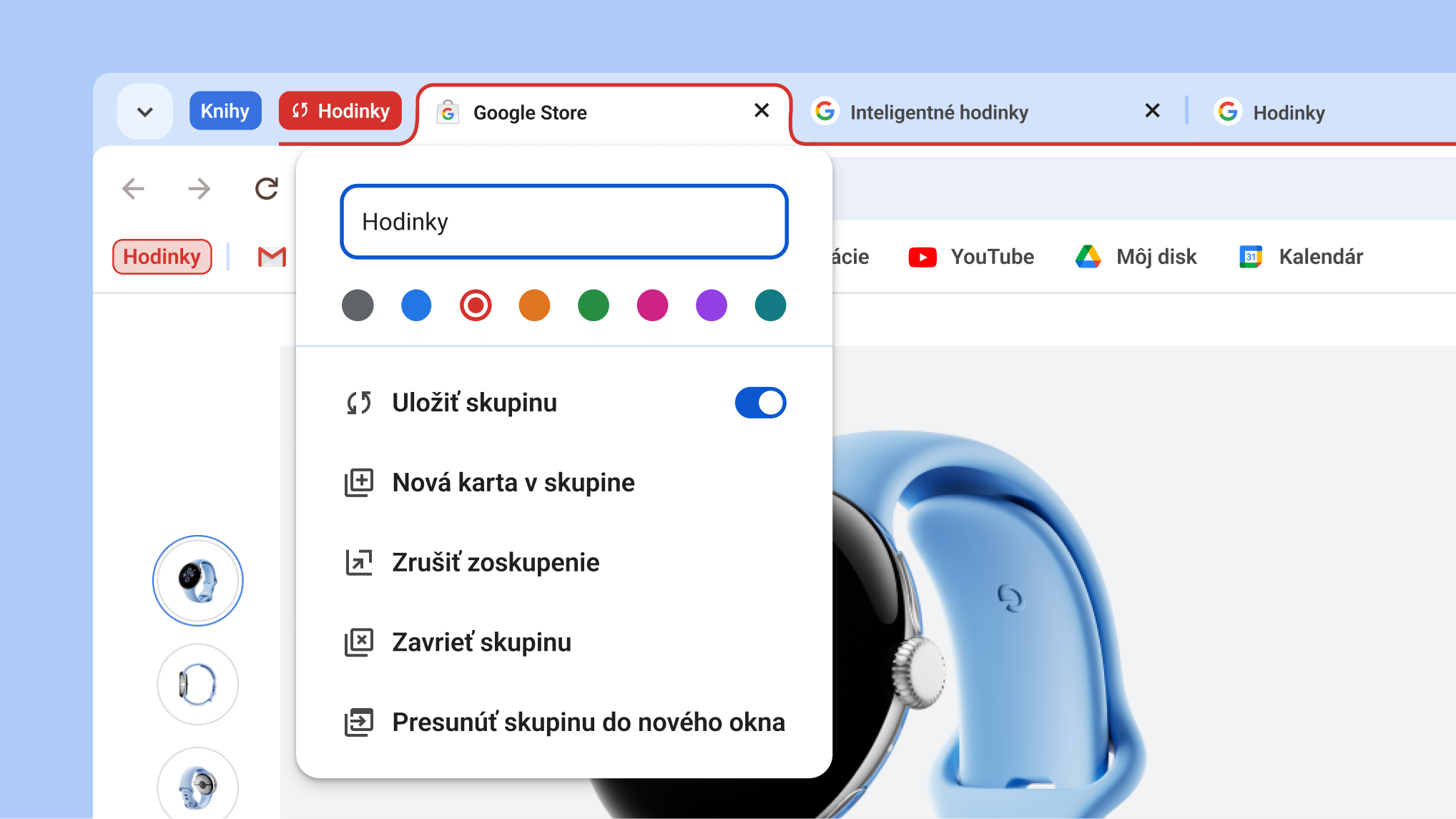 V otvorenej ponuke skupiny kariet sú zobrazené nové možnosti uloženia a skrytia skupiny