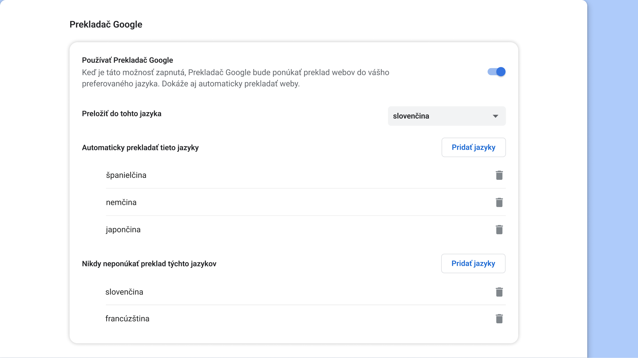 Stránka s nastaveniami Prekladača Google v Chrome