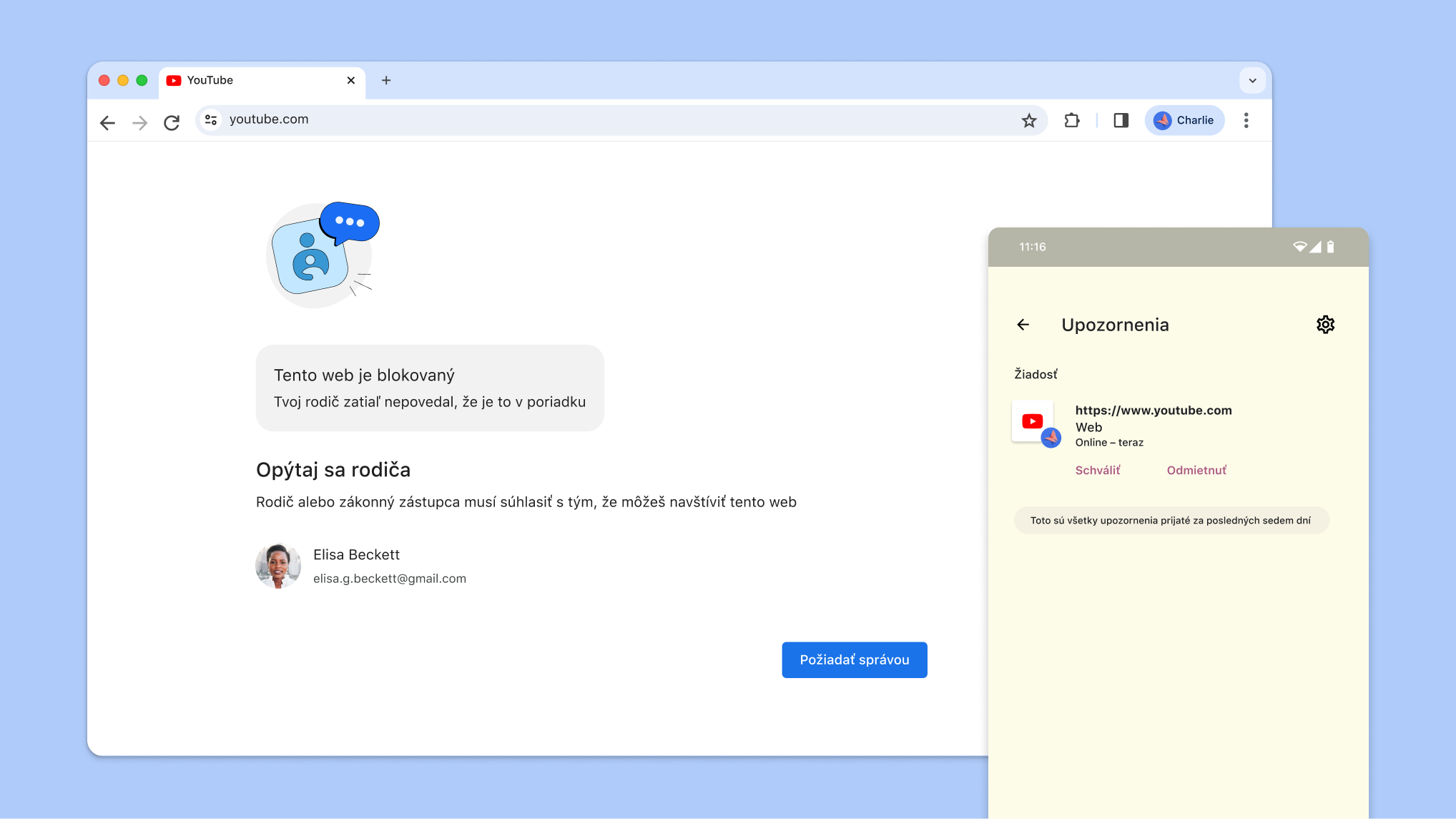 Web blokovaný rodičovskou kontrolou a upozornenie z aplikácie Family Link na schválenie prístupu