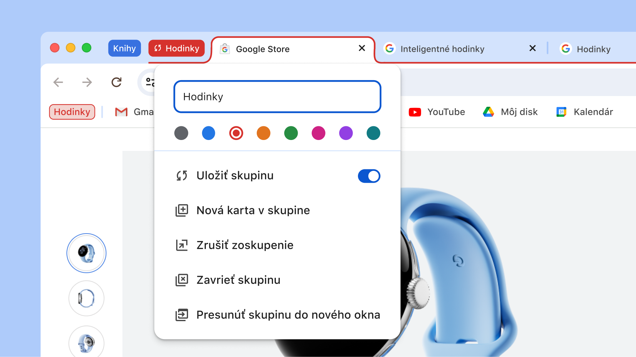V otvorenej ponuke skupiny kariet sú zobrazené nové možnosti uloženia a skrytia skupiny