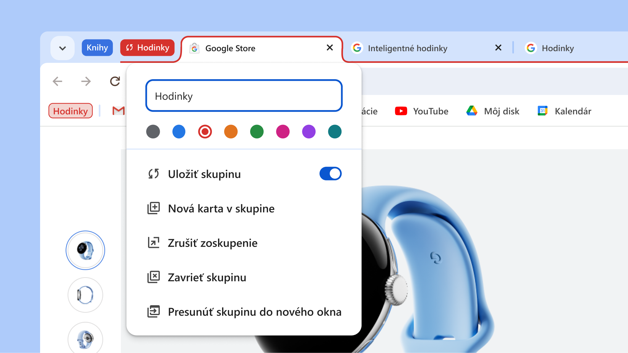 V otvorenej ponuke skupiny kariet sú zobrazené nové možnosti uloženia a skrytia skupiny