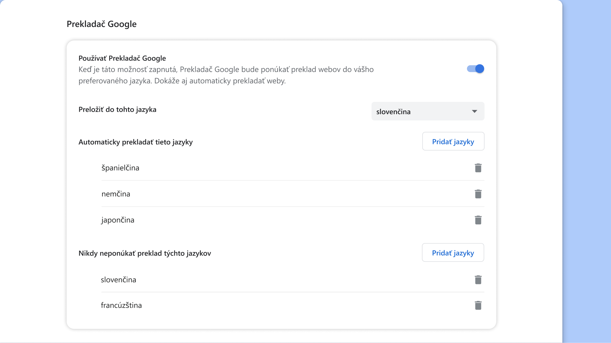 Stránka s nastaveniami Prekladača Google v Chrome