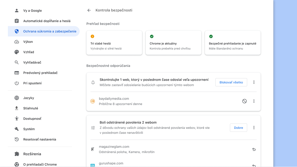 Kontrola bezpečnosti Chromu sa spúšťa na pozadí a zisťuje problémy s ochranou súkromia a zabezpečením. Potom zobrazí stav vašej bezpečnosti a relevantné odporúčania na jej zlepšenie.
