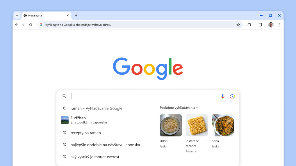 Kurzor sa zobrazuje vo vyhľadávacom poli s automaticky načítanými predchádzajúcimi vyhľadávaniami a súvisiacimi témami.