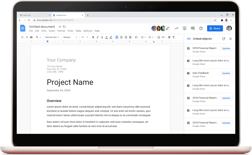 Obrazovka Dokumentov Google zobrazujúca otvorenú šablónu projektu.
