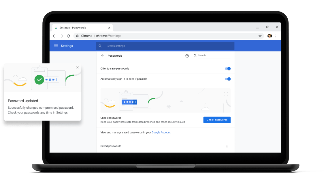 Kontrola hesiel Pixelbook Go laptop with screen displaying Chrome password check with a passsword update dialog box.