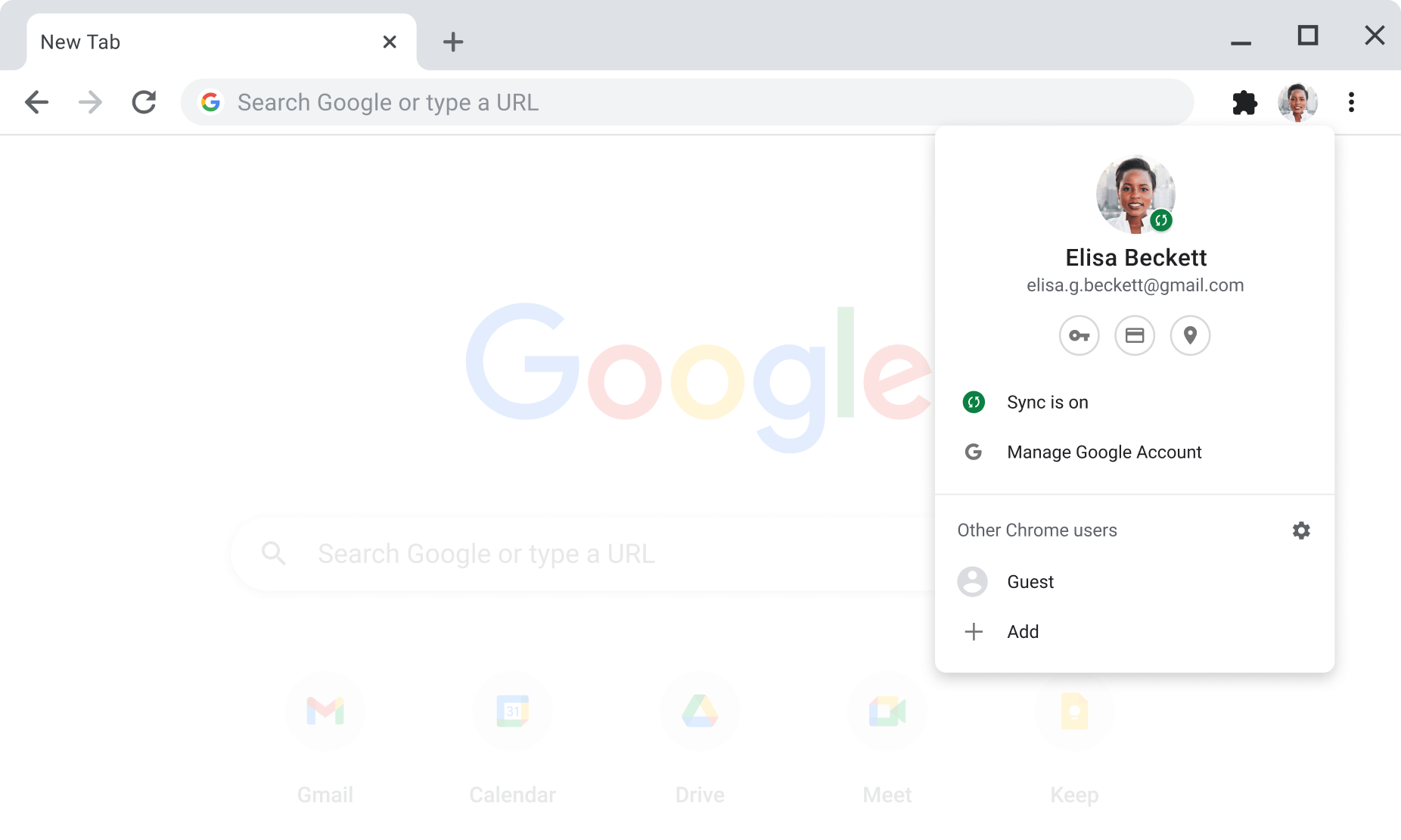Okno prehliadača Chrome zobrazujúce nastavenia účtu a synchronizácie pre účty Google, v ktorých bola zapnutá synchronizácia.