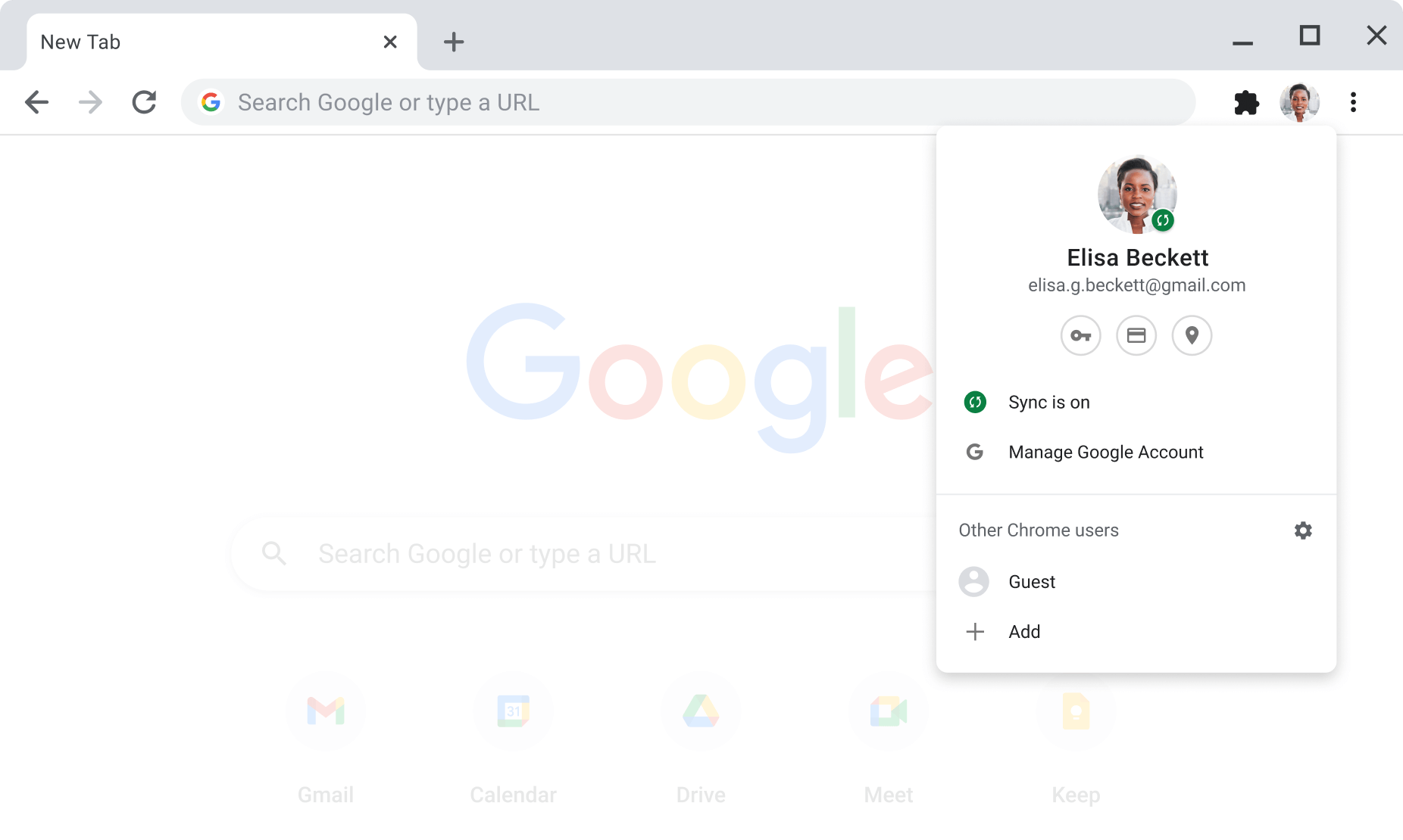 Okno prehliadača Chrome zobrazujúce nastavenia účtu a synchronizácie pre účty Google, v ktorých bola zapnutá synchronizácia.