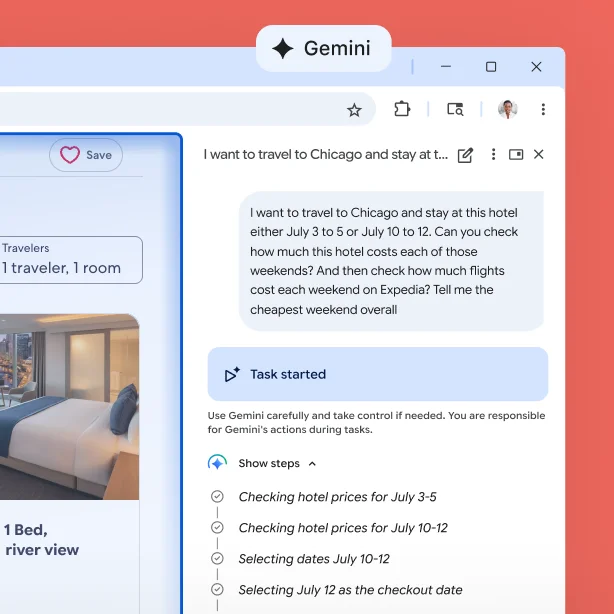 A user asks Gemini in Chrome to book a walking tour for a trip. Gemini visits a travel website and finds a tour and date.