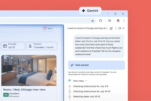 A user asks Gemini in Chrome to book a walking tour for a trip. Gemini visits a travel website and finds a tour and date.