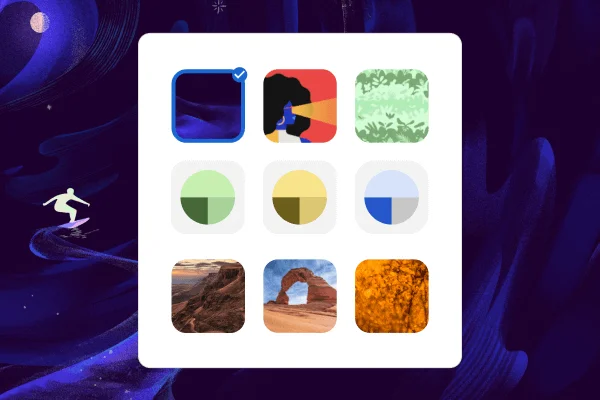 Ikona zobrazujúca deväť rôznych motívov. Ak používateľ klikne na motív, zmení sa obrázok na pozadí.