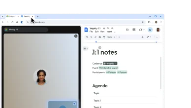 Používateľ vytvorí rozdelené zobrazenie presunutím jednej karty do druhej. Umožní mu to jednoducho si robiť poznámky počas hovoru cez Google Meet.