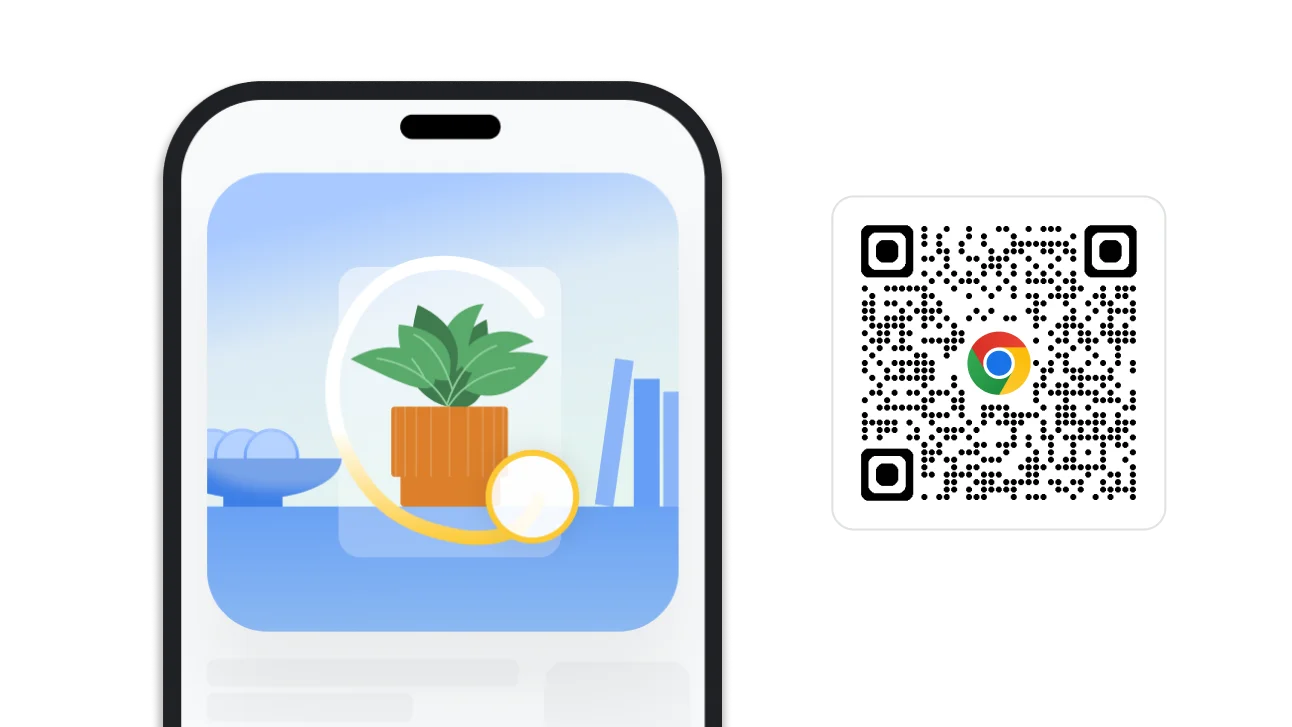 Obrázok vyhľadávania kreslením v Chrome. Vedľa neho je QR kód, pomocou ktorého stiahnete Chrome.